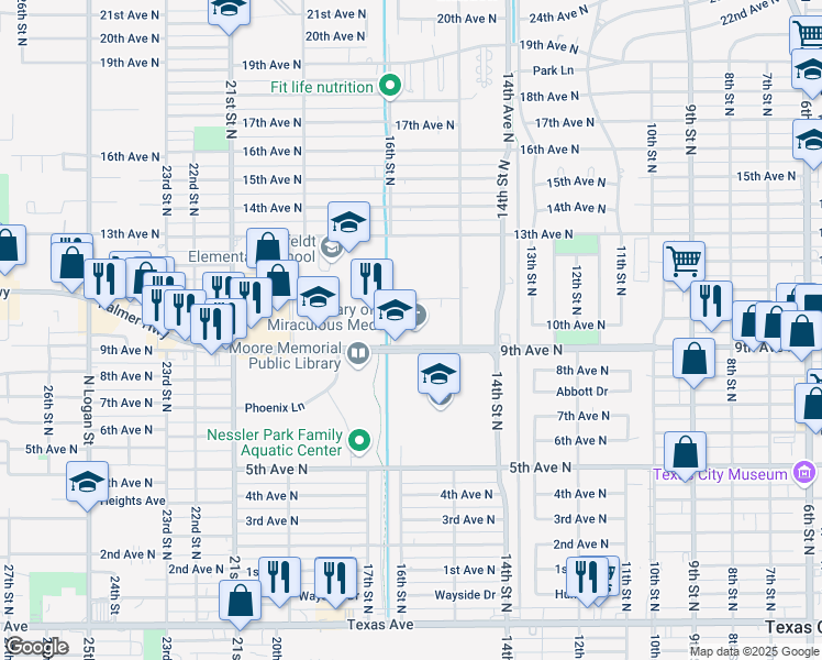 map of restaurants, bars, coffee shops, grocery stores, and more near 1604 9th Avenue North in Texas City