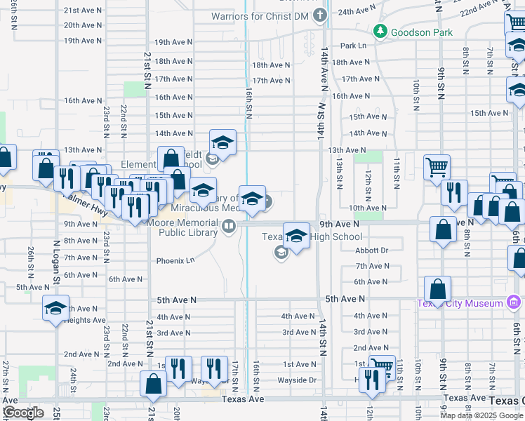 map of restaurants, bars, coffee shops, grocery stores, and more near 1604 9th Avenue North in Texas City