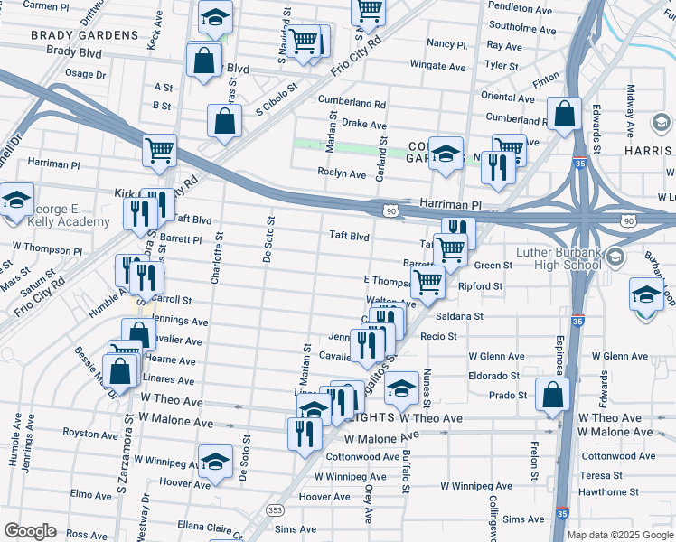 map of restaurants, bars, coffee shops, grocery stores, and more near 337 East Thompson in San Antonio