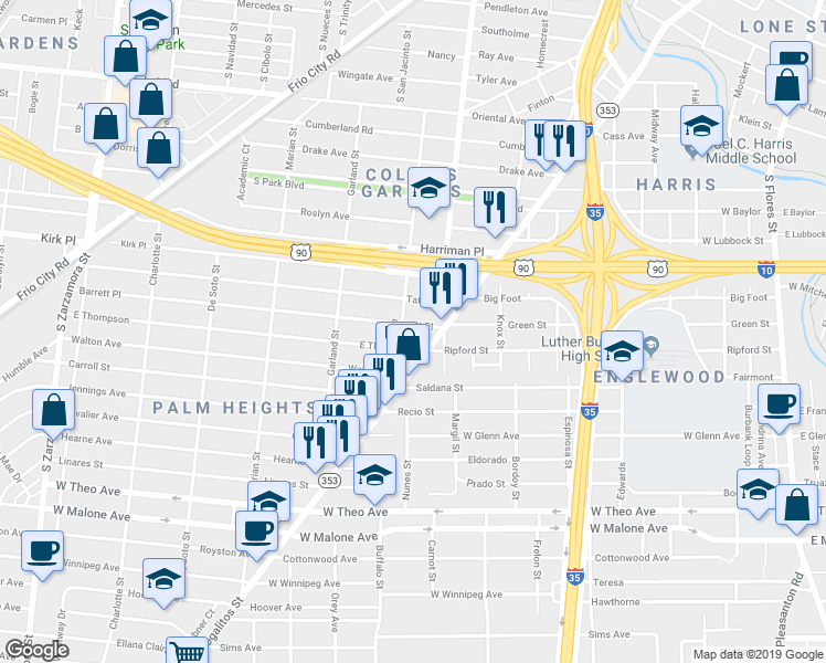 map of restaurants, bars, coffee shops, grocery stores, and more near 118 Barrett Place in San Antonio