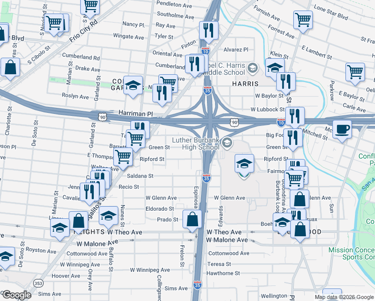 map of restaurants, bars, coffee shops, grocery stores, and more near 714 Green Street in San Antonio