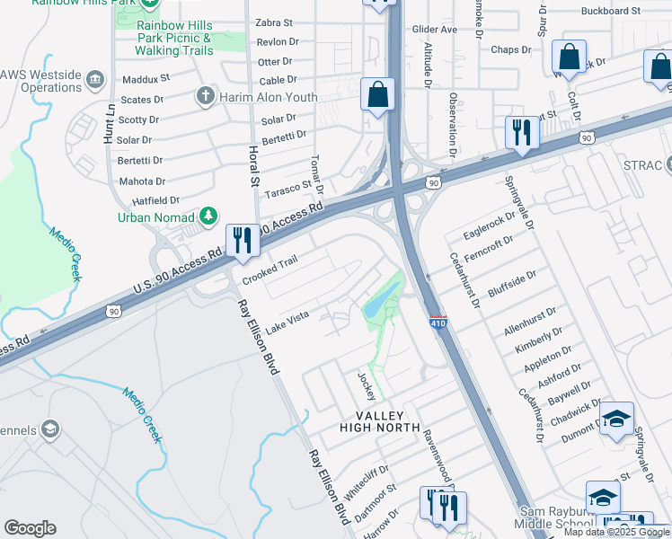 map of restaurants, bars, coffee shops, grocery stores, and more near 8311-8341 Lake Vista in San Antonio