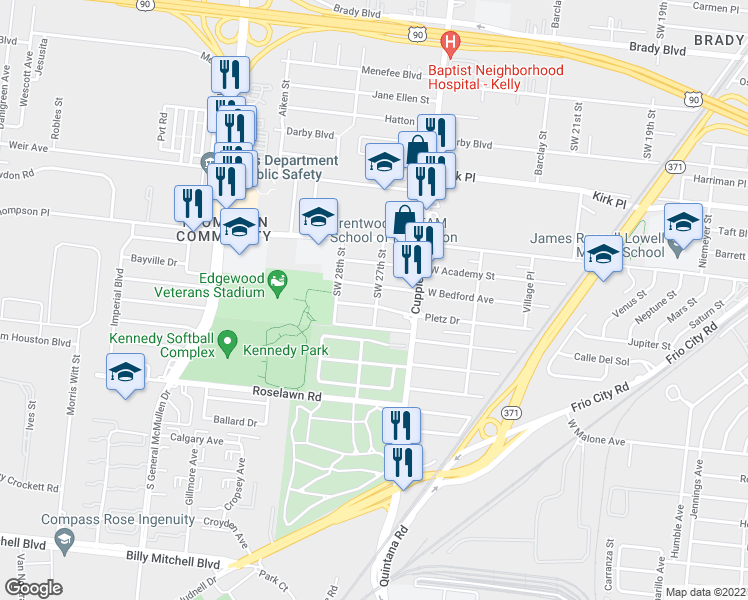 map of restaurants, bars, coffee shops, grocery stores, and more near 501 Pletz Drive in San Antonio