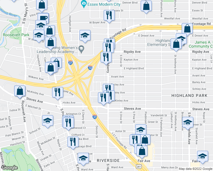 map of restaurants, bars, coffee shops, grocery stores, and more near 2315 South Hackberry in San Antonio