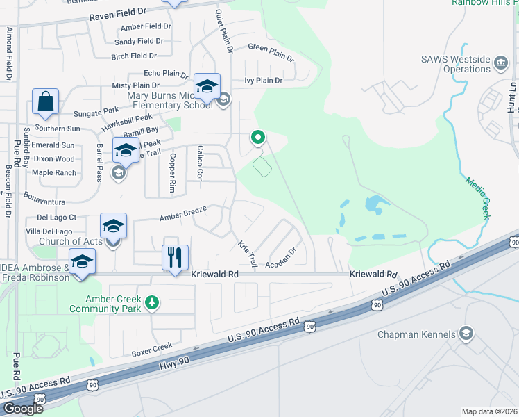 map of restaurants, bars, coffee shops, grocery stores, and more near 9622 Sandflat Pass in San Antonio