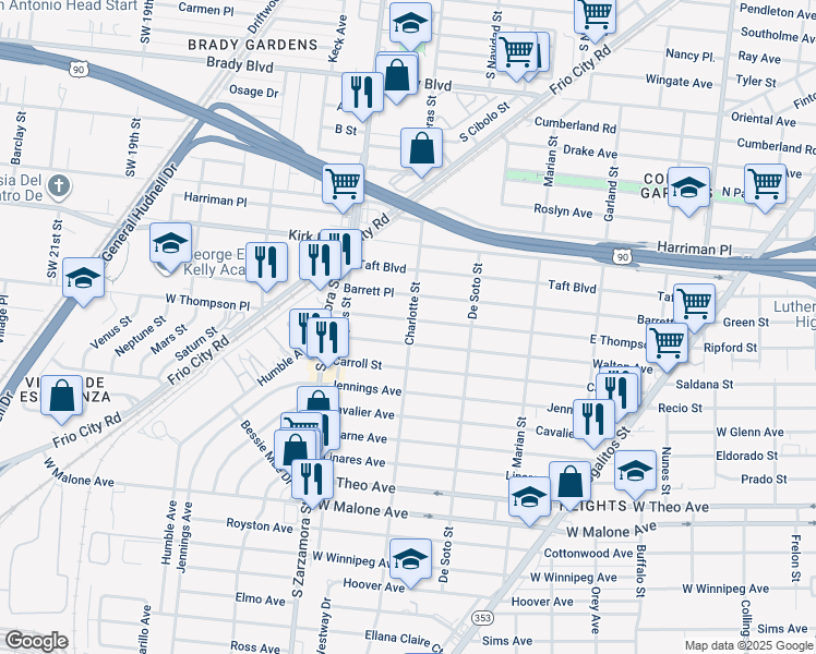 map of restaurants, bars, coffee shops, grocery stores, and more near 602 East Thompson in San Antonio