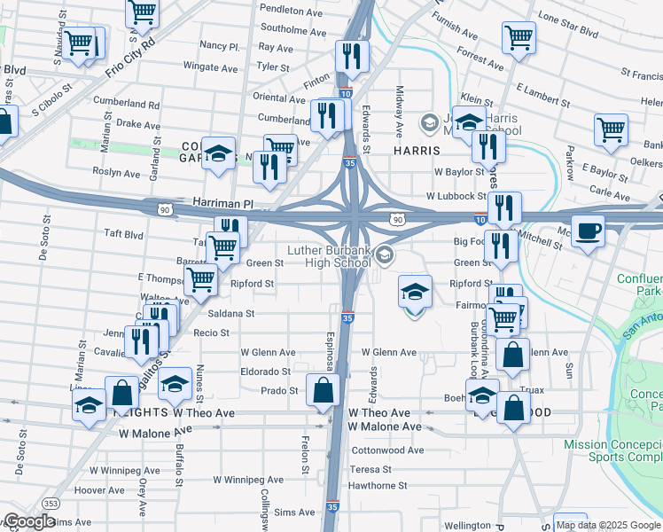 map of restaurants, bars, coffee shops, grocery stores, and more near 714 Green Street in San Antonio