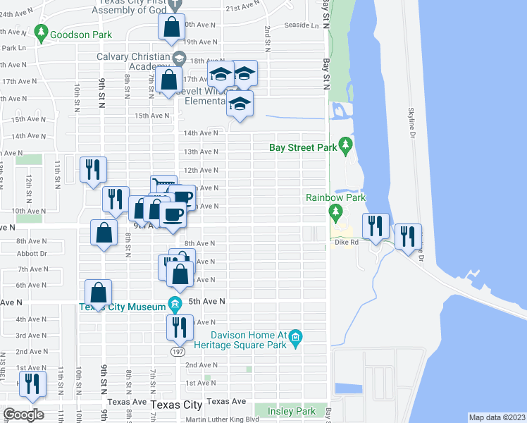map of restaurants, bars, coffee shops, grocery stores, and more near 217 10th Avenue North in Texas City