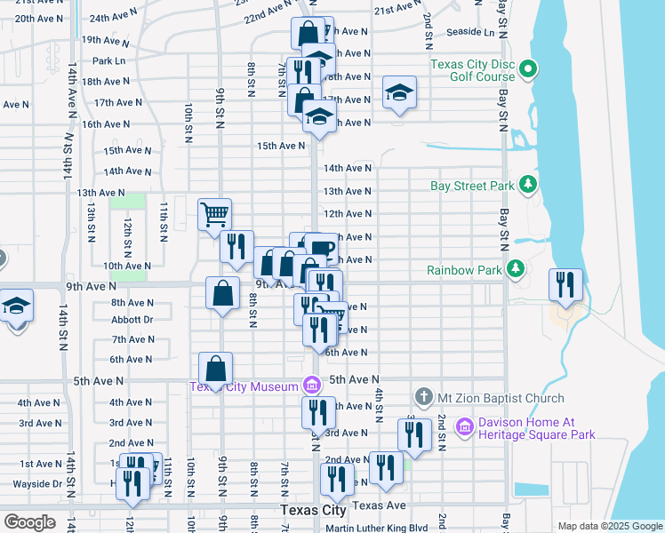 map of restaurants, bars, coffee shops, grocery stores, and more near 519 10th Avenue North in Texas City