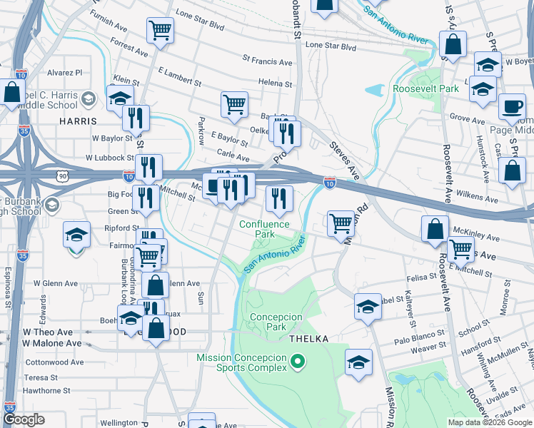 map of restaurants, bars, coffee shops, grocery stores, and more near 407 West Mitchell Street in San Antonio