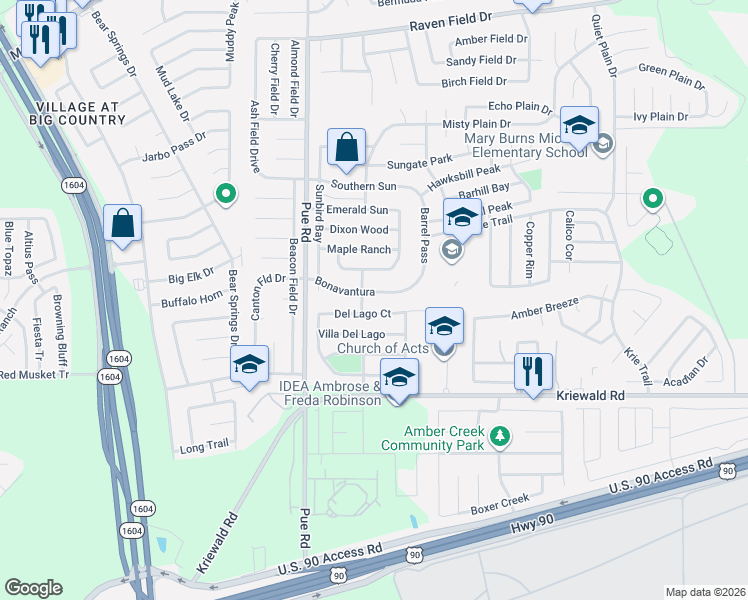map of restaurants, bars, coffee shops, grocery stores, and more near 10150 Bonavantura in San Antonio