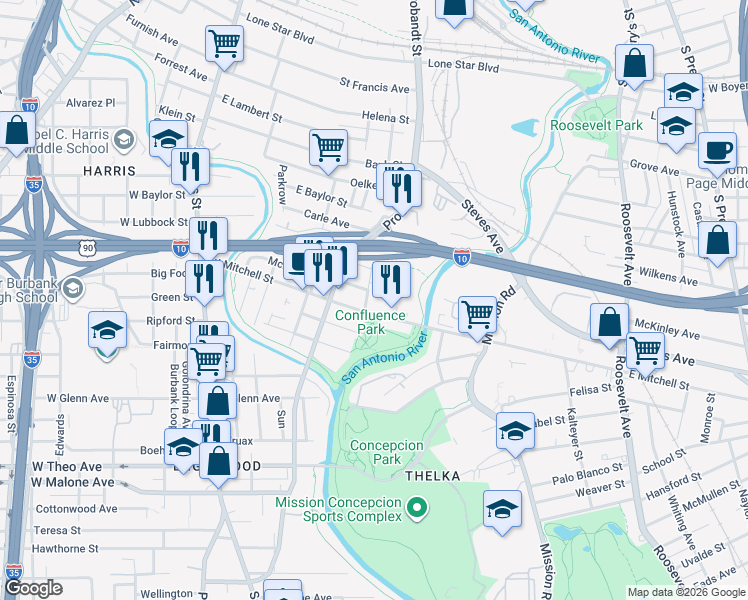 map of restaurants, bars, coffee shops, grocery stores, and more near 407 West Mitchell Street in San Antonio