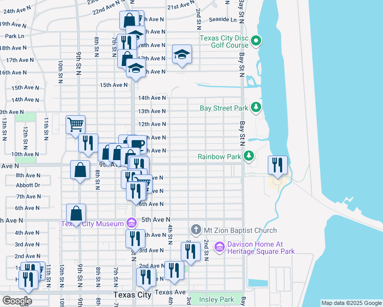 map of restaurants, bars, coffee shops, grocery stores, and more near 217 10th Avenue North in Texas City