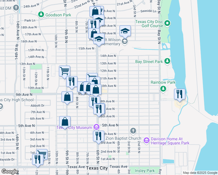 map of restaurants, bars, coffee shops, grocery stores, and more near 429 10th Avenue North in Texas City