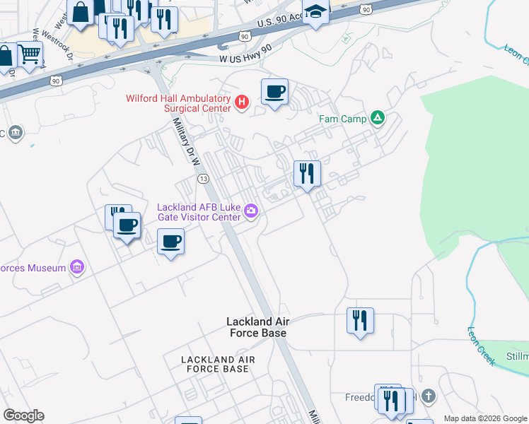 map of restaurants, bars, coffee shops, grocery stores, and more near 2898 Luke Boulevard in San Antonio