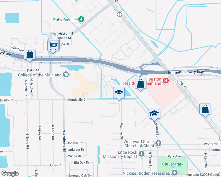 map of restaurants, bars, coffee shops, grocery stores, and more near 7555 Medical Center Drive in Texas City