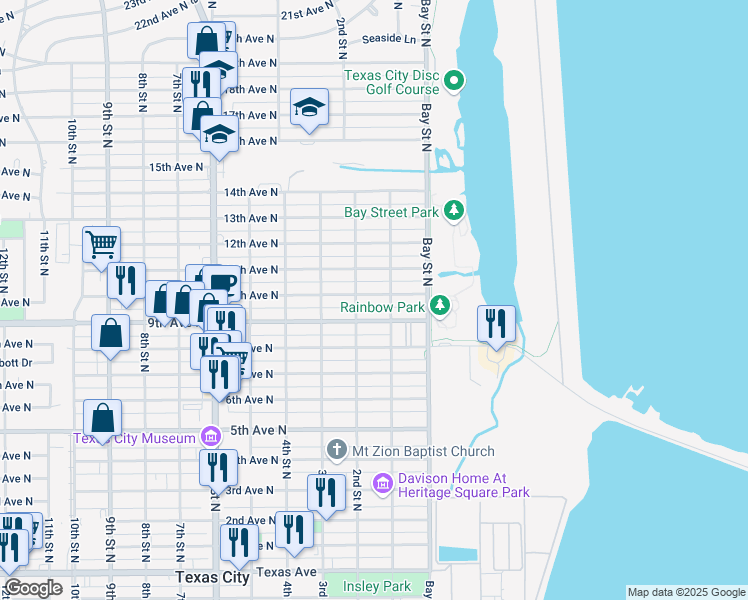 map of restaurants, bars, coffee shops, grocery stores, and more near 125 10th Avenue North in Texas City