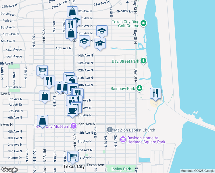 map of restaurants, bars, coffee shops, grocery stores, and more near 217 10th Avenue North in Texas City