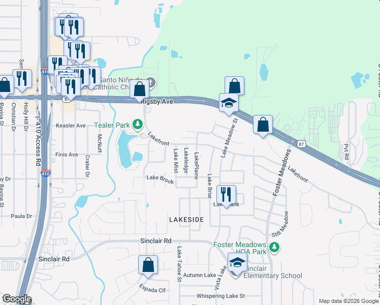 map of restaurants, bars, coffee shops, grocery stores, and more near 2619 Lakeledge in San Antonio