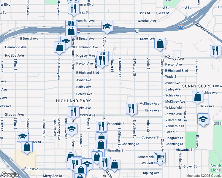 map of restaurants, bars, coffee shops, grocery stores, and more near 1731 Schley Avenue in San Antonio