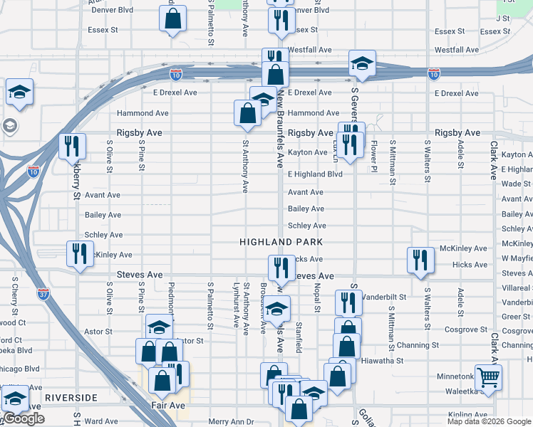 map of restaurants, bars, coffee shops, grocery stores, and more near 1445 Schley Avenue in San Antonio