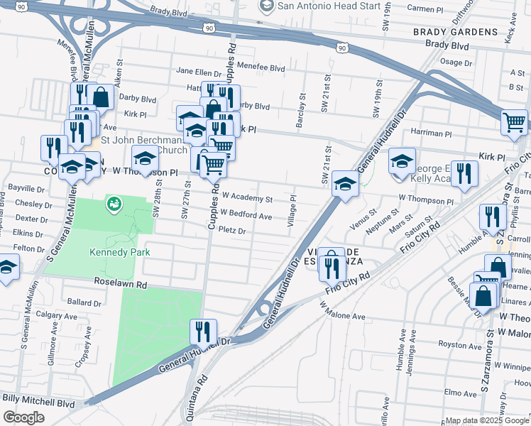 map of restaurants, bars, coffee shops, grocery stores, and more near 250 West Bedford Avenue in San Antonio