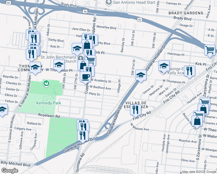 map of restaurants, bars, coffee shops, grocery stores, and more near 250 West Bedford Avenue in San Antonio