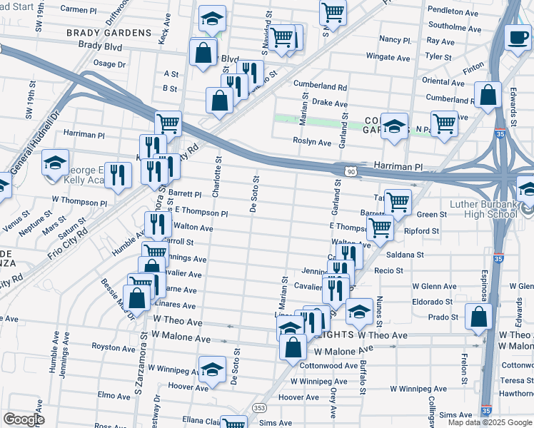 map of restaurants, bars, coffee shops, grocery stores, and more near 444 East Thompson in San Antonio