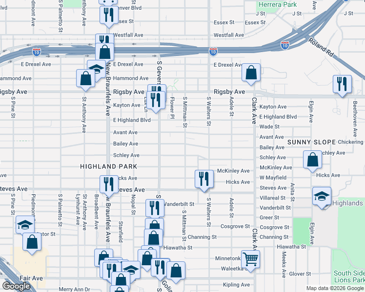 map of restaurants, bars, coffee shops, grocery stores, and more near 1811 Schley Avenue in San Antonio