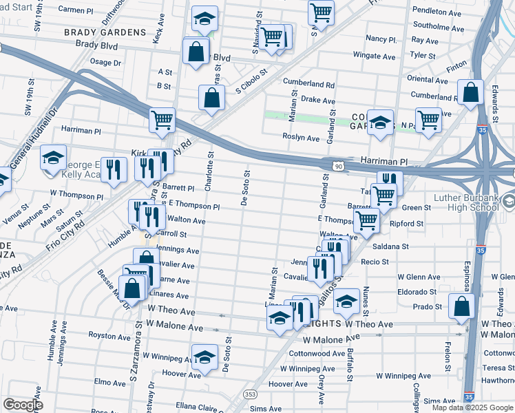 map of restaurants, bars, coffee shops, grocery stores, and more near 444 East Thompson in San Antonio