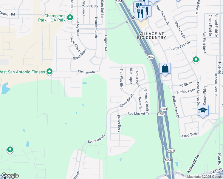 map of restaurants, bars, coffee shops, grocery stores, and more near 10926 Livewater Trail in San Antonio