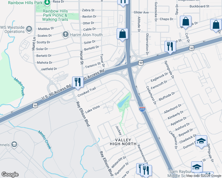 map of restaurants, bars, coffee shops, grocery stores, and more near 8311-8341 Lake Vista in San Antonio