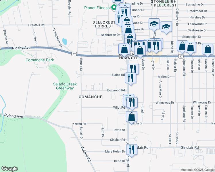 map of restaurants, bars, coffee shops, grocery stores, and more near 4355 Boxwood Road in San Antonio