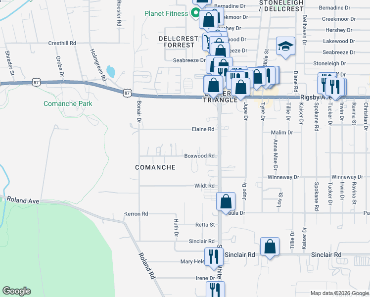 map of restaurants, bars, coffee shops, grocery stores, and more near 4355 Boxwood Road in San Antonio