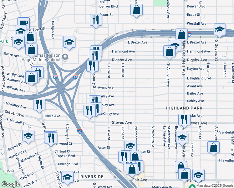 map of restaurants, bars, coffee shops, grocery stores, and more near 222 Bailey Avenue in San Antonio