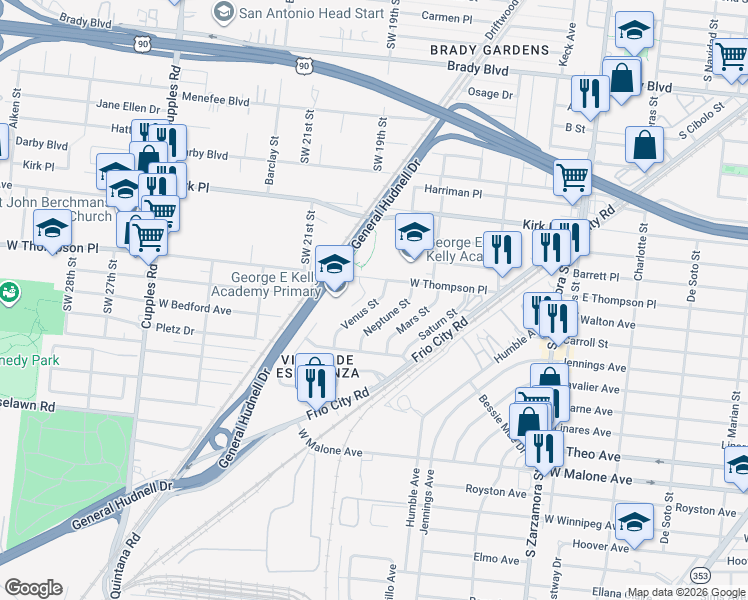 map of restaurants, bars, coffee shops, grocery stores, and more near 3027 Neptune Street in San Antonio