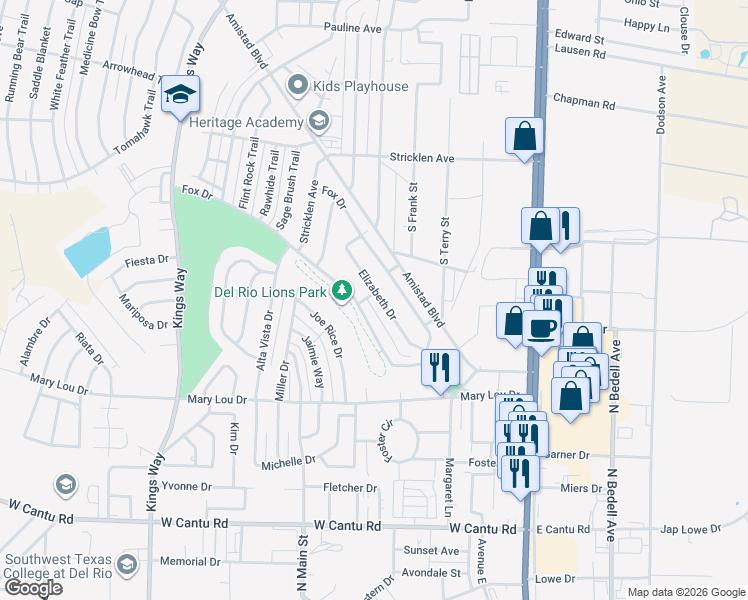 map of restaurants, bars, coffee shops, grocery stores, and more near 300-310 Fox Drive in Del Rio