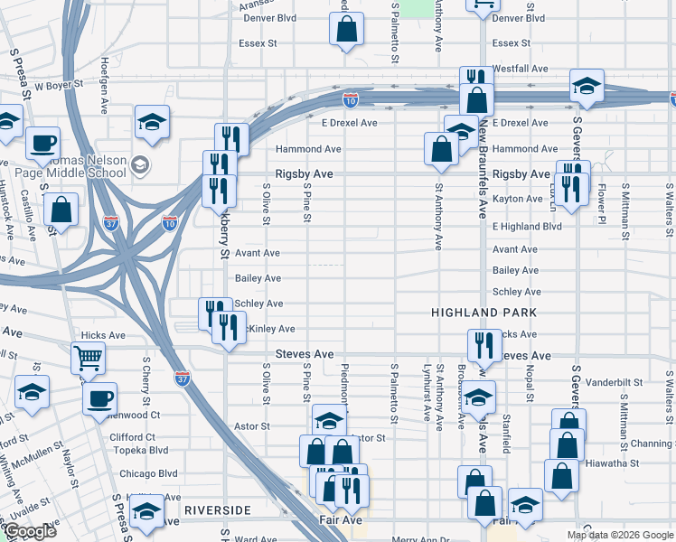 map of restaurants, bars, coffee shops, grocery stores, and more near 335 Bailey Avenue in San Antonio