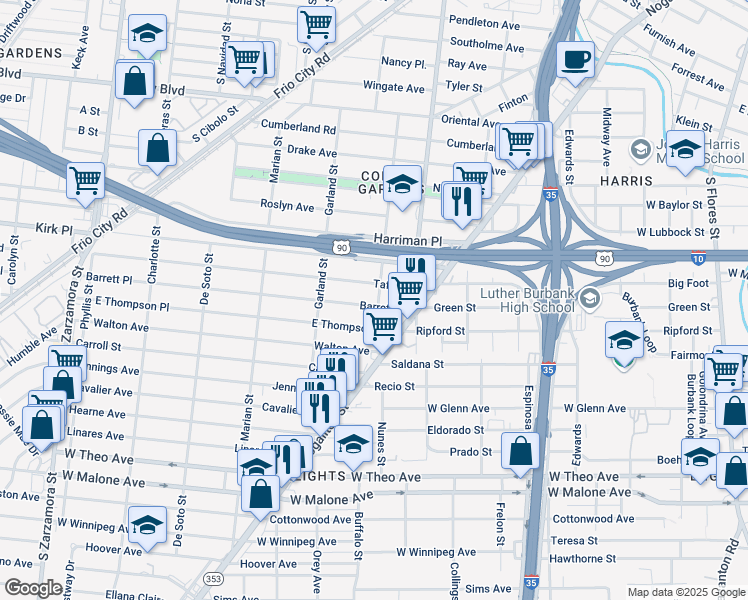 map of restaurants, bars, coffee shops, grocery stores, and more near 118 Barrett Place in San Antonio