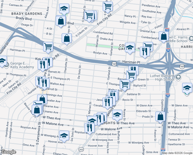 map of restaurants, bars, coffee shops, grocery stores, and more near 337 East Thompson in San Antonio
