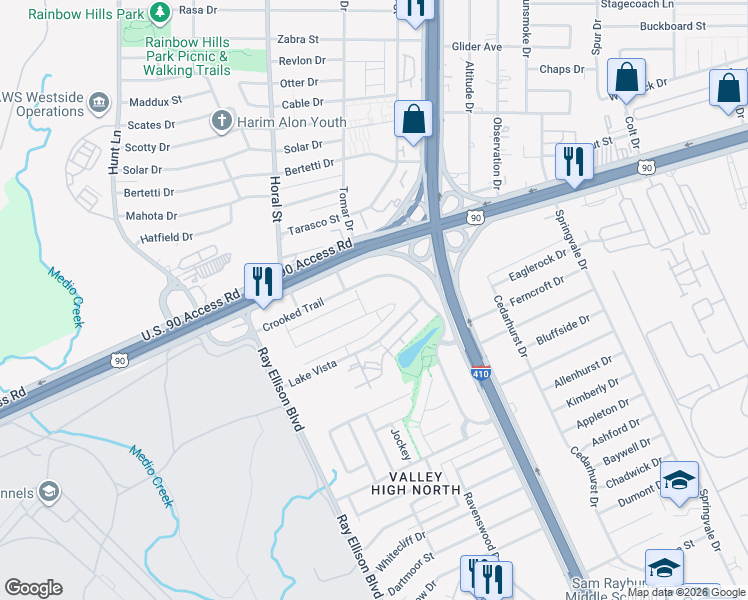 map of restaurants, bars, coffee shops, grocery stores, and more near 8311-8341 Lake Vista in San Antonio