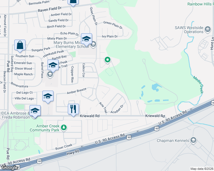 map of restaurants, bars, coffee shops, grocery stores, and more near 9622 Sandflat Pass in San Antonio