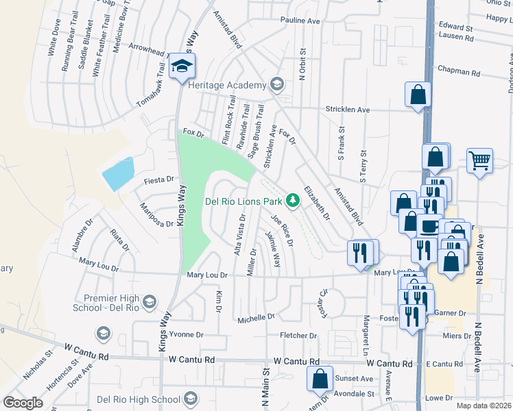 map of restaurants, bars, coffee shops, grocery stores, and more near 250-272 Miller Drive in Del Rio