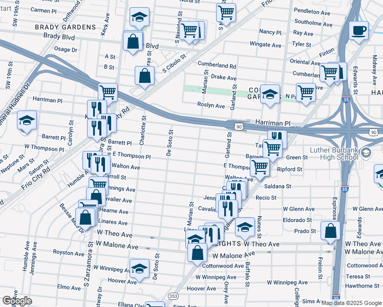 map of restaurants, bars, coffee shops, grocery stores, and more near 405 East Thompson in San Antonio
