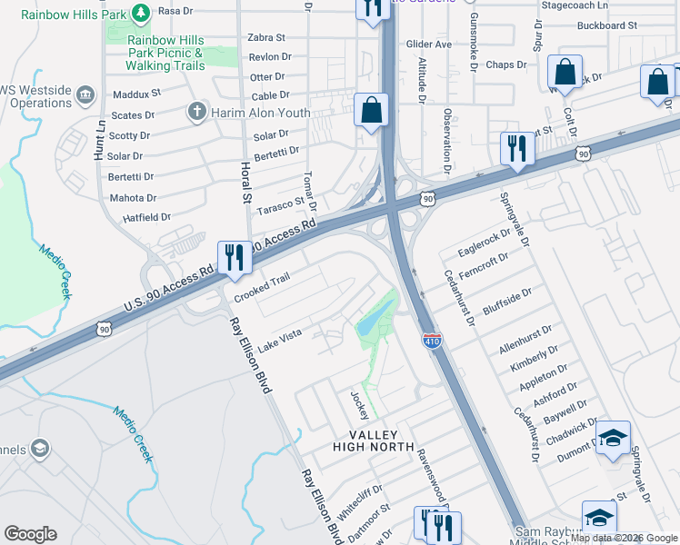 map of restaurants, bars, coffee shops, grocery stores, and more near 8311-8341 Lake Vista in San Antonio