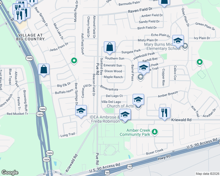 map of restaurants, bars, coffee shops, grocery stores, and more near 10235 Del Lago Court in San Antonio