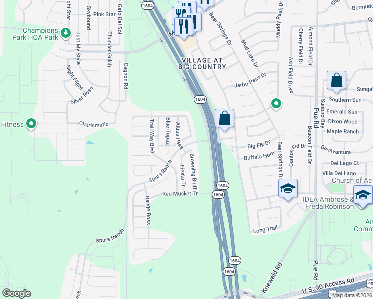 map of restaurants, bars, coffee shops, grocery stores, and more near 10723 County Sights in San Antonio