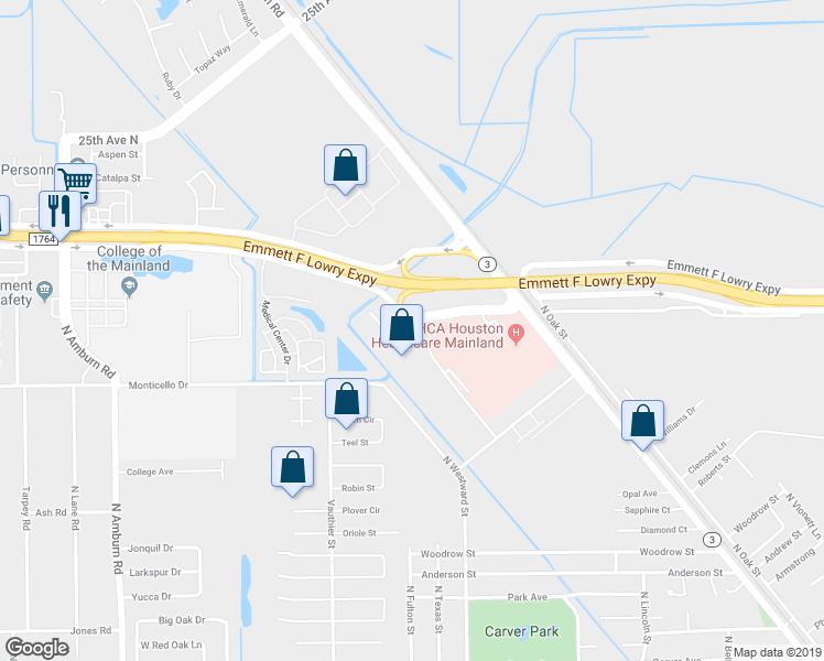 map of restaurants, bars, coffee shops, grocery stores, and more near 7657 Medical Center Drive in Texas City