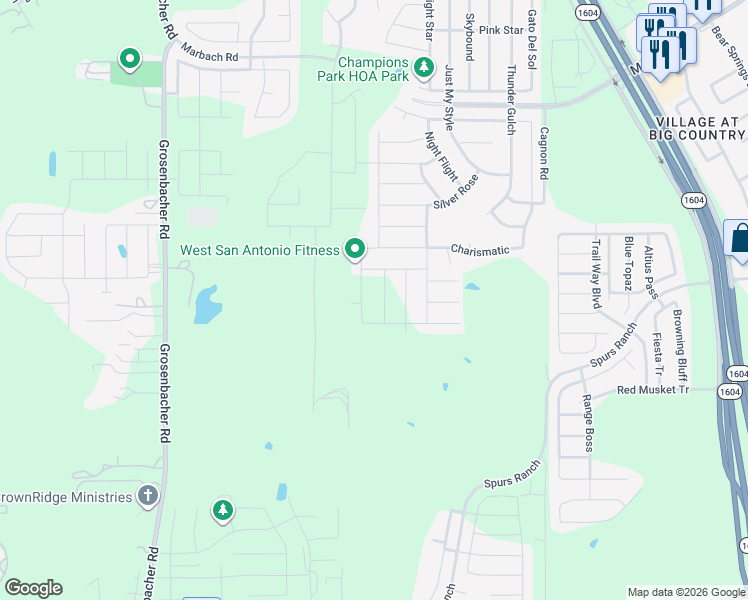 map of restaurants, bars, coffee shops, grocery stores, and more near 3135 Thunder Gulch in San Antonio