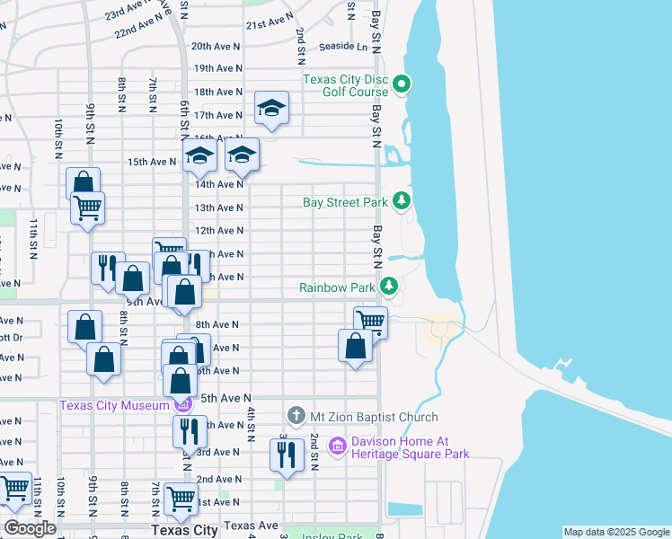 map of restaurants, bars, coffee shops, grocery stores, and more near 125 10th Avenue North in Texas City